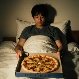 a man in his bed, a pizza that wants to kill him closely behind him in the shadows