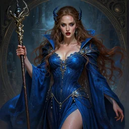 Brie Larson as a sorceress, passionate , seductive, sweaty,  intricate dressed in ornate blue robes and staff, insane, intricate,  highly detailed, digital painting, artstation, concept art, smooth, sharp focus, illustration, Unreal Engine 5, 8K, art by artgerm and  greg rutkowski and alphonse mucha