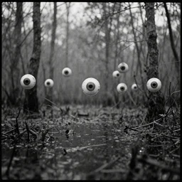 movie still of eyeballs flying over a swamp, cinestill 8 0 0 t 3 5 mm b & w, heavy grain, high quality, noir, natural textures, photorealistic, ambient occlusion, hd, ultra wide lens, anamorphic, by sebastao salgado
