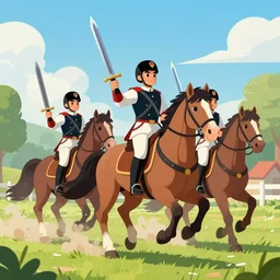 “Cavalry Charge, Swords, Horses, cartoon, 8k, Ultra High Quality”
