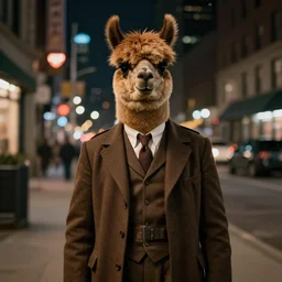 a picture of a man with the face of a brown llama, wearing a 1 9 4 0's noire detective outfit, standing in the streets of chicago at night, 4 k octane render highly realistic photograph