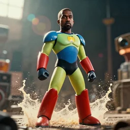 kanye west as megaman in fallout new vegas, superhero, splash art, movie still, cinematic lighting, ray tracing, octane render, long lens, shallow depth of field, bokeh, anamorphic lens flare, 8 k, hyper detailed, 3 5 mm film grain