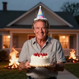 portrait photo still of chuck norris holding a small cake, wearing a birthday hat, in front of a house on fire, 8 k, 8 5 mm f 1. 8
