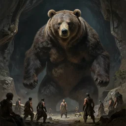 giant bear warrior outside a cave looming down at some humans, fierce, giant, high fantasy, chiaroscuro, highly detailed, sharp focus, smooth, oil matte painting, by ismail inceoglu, filiphodas, vaporwave, concept art, hd