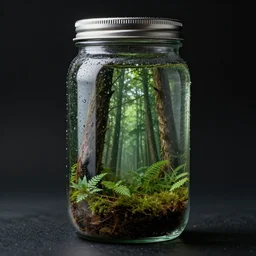 A photo of a rainy forest inside a jar, studio photo, highly detailed,studio lighting