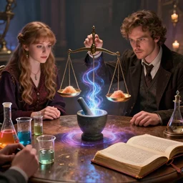 hyper real, table, wizards laboratory, lisa parker, greg rutkowski, mortar, pestle, scales with magic powder, energy flowing, magic book, beakers of colored liquid, tony sart