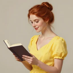 a smiling beautiful woman with red hair in a bun wearing a yellow dress and reading a book, masterpiece, intricate, elegant, highly detailed, digital painting, artstation, concept art, smooth, sharp focus, illustration, art by artgerm and greg rutkowski and alphonse mucha and uang guangjian and gil elvgren and sachin teng, symmetry!!