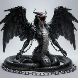 lucifer, hybrid snake, dark angel, demon, satan, red eyes, chain, handcuffs, large chain, wide open mouth, scream, cruelty, light effect, hyper detailed, intricate, elegant, highly detailed, digital painting, artstation, concept art, matte, sharp focus, illustration, by dan mumford, yusuke murata, makoto shinkai, ross tran