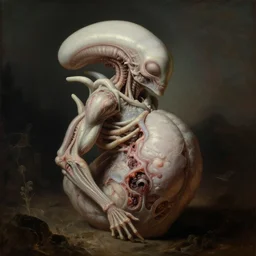 anatomical painting of alien xenomorph embryo, covered with white meat, dream - like heavy mysterious atmosphere, in the wastelands, baroque portrait painting, perfect composition, beautiful detailed intricate detailed octane render, unreal engine 5, trending on artstation, 8 k, photorealistic, volumetric cinematic perfect light, chiaroscuro, masterpiece, raphael, caravaggio, beksinski, giger