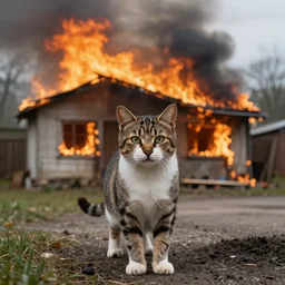 disaster cat standing in front of burning house looking at viewer
