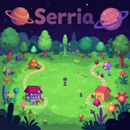 concert art, in a park in a small town on an alien planet, with strange alien plants and flowers, from a space themed Serria point and click 2D graphic adventure game, made in 2019, digital art