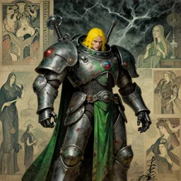 composition of gothic and futuristic, warhammer, cyber armor, more and more scars, storm, yellow hair, green, the middle ages, highly detailed, artstation, in the style of moebius, jugendstil and classic japanese print, art by jean delville and rene magritte