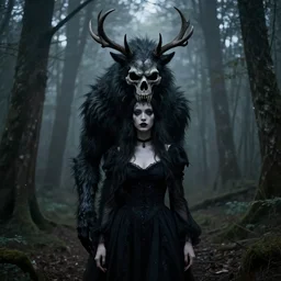 style artgerm, joshua middleton, artgerm, rafael albuquerque : : scary wendigo with antlers and skull face mixed with werewolf : : [ [ beautiful witch wearing a black dress, symmetrical face, on the right side ] ] : : in the forest, detailed, dark and foggy, cinematic lighting