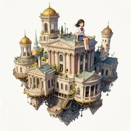 the amazing floating neoclassical city, fantasy, steampunk, an school girl is sitting on the top of a roof. intricate, amazing composition, colorful watercolor, by ruan jia, by maxfield parrish, by marc simonetti, by hikari shimoda, by robert hubert, by zhang kechun, illustration, gloomy