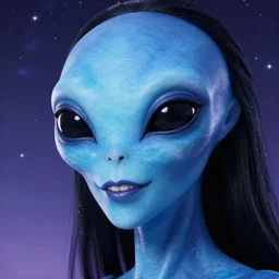 a photorealistic portrait, stunningly beautiful hyper detailed blue avatar alien girl, big mysterious black alien eyes, white teeth, professionally retouched, soft lighting, hyper realistic, small nose, pretty mouth, black hair, beautifully detailed colorful starry sky, wide angle, sharp focus, 8 k high definition, 6 4 megapixels, insanely detailed, stunningly beautiful