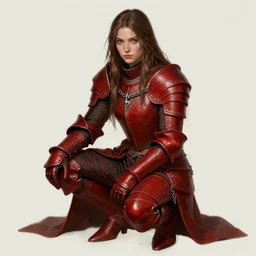 portrait knight female, red leather armor, sitting crouched, long hair tail, chain surcoat, dnd fantasy, intricate, digital painting, artstation, concept art, matte, sharp focus, illustration, hearthstone, art by loes romero, artgerm, mucha