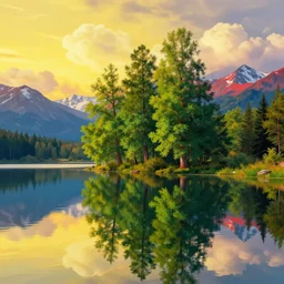 escher painting of a lake, big trees reflecting on lake surface, mountains at background, fluffy clouds, sunset, yellow, green, red, snowy, ultra sharp, ultra detailed, cyberpunk, happy, uplifting, colorized by salvador