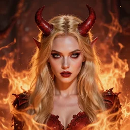 evil pretty blond girl demon spawn surrounded by fire tornadoes, flawless symmetrical pretty cute face, ana de armas, hetrochromia, greg rutkowski, 8 k, shallow depth of field, intricate detail, concept art,