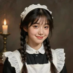 a ((sadly)) (((smiling)))) black haired, young hungarian servantmaid from the 19th century who looks very similar to (((Lee Young Ae))) with a two french braids, detailed, soft focus, candle light, realistic oil painting by  Ferenczy Károly, John Everett Millais, Munkácsy, Csók István, and da Vinci