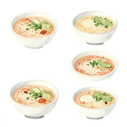 minimalist watercolor art pho soups on blank all white background, illustration, vector art