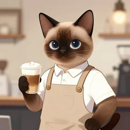 digital art drawing of a male anthropomorphic siamese cat furry fursona wearing a barista uniform holding a latte, by jay naylor
