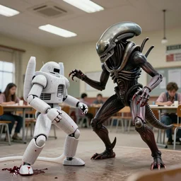 xenomorph fighting an android with white blood coming out of tubes. Inside a school cafeteria. 1980s big budget movie.