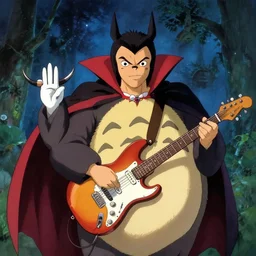 dracula and totoro, playing an electric guitar and doing the horn symbol with his hand fantasy digital art, wow, stunning, ghibli style, hight quality