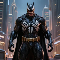 Beautiful 3d render of batman in venom form, centered, symmetry, painted, intricate, volumetric lighting, beautiful, rich deep colours masterpiece, sharp focus, ultra detailed, in the style of Dan Mumford and marc simonetti, with a clear crowded futuristic cyberpunk dubai city in the background, astrophotography