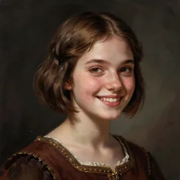 portrait of a beautiful medieval girl with short brown hair, men's haircut, and smiling, dramatic lighting, illustration by greg rutkowski, yoji shinkawa, 4 k, digital art, concept art, trending on artstation