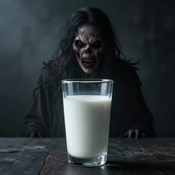 an evil horrifying terrifying mysterious ominous menacing glass of milk, dramatic, cinematic lighting, portrait, horror, hyperrealistic, octane render, unreal engine, product photography