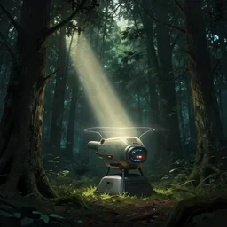 teleportation machine in a dark forest, light shining from the machine and illuminating the trees, style of fantasy digital art