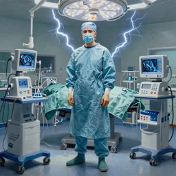 A mixed media painting of a surgeon standing in an operating room, surrounded by new technology, infused with lightning, very aesthetic, curvy, surgical mask covering face, surgical gown and scrubs on, by Edward Hopper, Matisse, Picasso, CGsociety, full length, exquisite detail, post-processing, masterpiece, cinematic