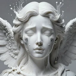 crying angel, very detailed face, detailed features, fantasy, circuitry, explosion, dramatic, intricate, elegant, highly detailed, digital painting, artstation, concept art, smooth, sharp focus, illustration, art by Gustave Dore, octane render