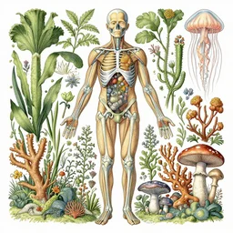 highly detailed illustration human anatomy with all the known species of plants, flowers, corals, mushrooms and jellyfish by juan gatti, by moebius!, by oliver vernon