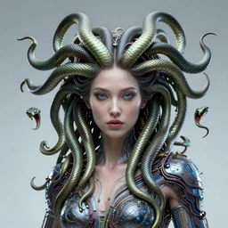 portrait medusa, goddess, science fiction, organic, snakes, stunning beautiful by alan moore, ultra detailed, 3 d, future tech, global illumination, award winning, wires and circuits