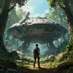a man finding a ancient giant ruined alien spaceship in a forest, anime style, octane render, hyperrealistic, unreal engine 5, fancy lighting, trending on Artstation, highly detailed, high quality, post processed, 8K HDR, 3D render