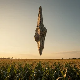 wide shot of a tall and thin rocky and organic alien structure hovering in the air 6 feet above a cornfield, late afternoon, golden hour, dramatic lighting, cinematic, highly detailed, smooth, sharp focus, concept art by greg rutkowski and stanley lau and syd mead