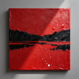 canvas coated with red paint, black stripes, matte paint, splashes of white paint