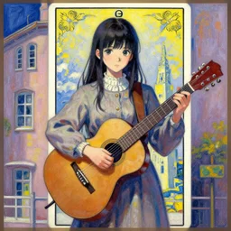 a girl with a guitar standing in front of a building, a detailed painting by jin homura, pixiv contest winner, rayonism, official art, booru, tarot card