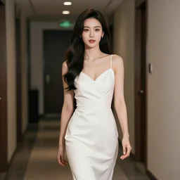 A beautiful woman in white is walking hallway at night , view from front.