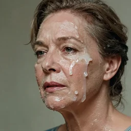 a 1 9 5 0 cinematic film still of a gorgeous mature woman, with a whitish, sticky liquid that has a jelly - like texture that is splattered off of her face. viscous, her face is coated in a whitish, sticky liquid that has a jelly - like texture.