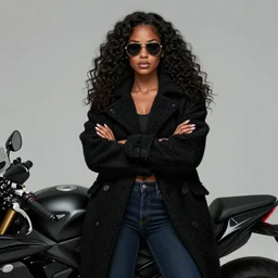 Picture of a gorgeous female biker, tough, dark skin, jet black tuffe coat, aviator shades, dark blue jeans, long curly hair, serious look, armfold pose!, smooth, sharp focus, highly detailed, digital illustration, artstation