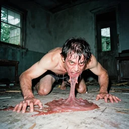 1 9 9 3, disposable camera, flash, pov, old abandoned house, human male creature, crawling, meat, ooze, slime, veins, color photo, wet