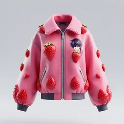 futuristic jacket in strawberry fruit shape, digital art, artgem, octane render, artstation, ivan shishkin, araki hirohiko, hasselblad photo, 4 k resolution, fashion design, product photo, symmetrical
