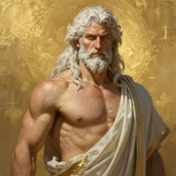 painted realism portrait of ruggedly handsome zeus by ruan jia greg rutkowski, greek god [ long white hair ] clear face majestic muscular physique masculine manly mature robe fantasy intricate elegant detailed digital painting concept art artstation sharp focus illustration gold paint