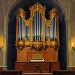 painting of a beautiful rendition of the a grand ornate pipe organ in a dark chamber lit with candles, illustration, artistic, colorful, hyper detailed, in the style of alan lee and john howe,