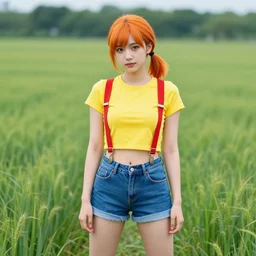 misty from pokemon, orange hair in a side ponytail, wearing a yellow shiort sleeved crop top, blue denim short shorts with red suspenders on top, standing in a field, by gottfried helnwein, dslr full body portrait, sigma 8 5 mm f 1. 8