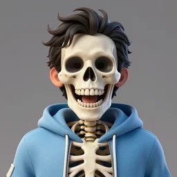a beautiful, hyperrealism, 3 d rendered matte painting and symmetrical portrait of a glee skeleton wearing a white string attached light blue hoodie who smiles tremendously, and excites his bone face full of joy and pure happiness, in the style of james jebusa shannon, reisha perlmutter and finnian macmanus : 5