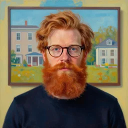 bearded ginger man with glasses, a beautiful painting representative of the art style of wes anderson and spike jonze