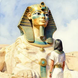 the hero seeks guidance from the massive sphinx goddess who has a smug expression and egyptian styled clothing. trending on pixiv and artstation. an absurdly detailed watercolor painting - - cfg _ scale 2 0. 0